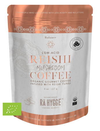 BIO KAWA z REISHI Ra Hygge w ziarnach - ekologiczna, niskokwasowa z ekstraktem Reishi (227g)