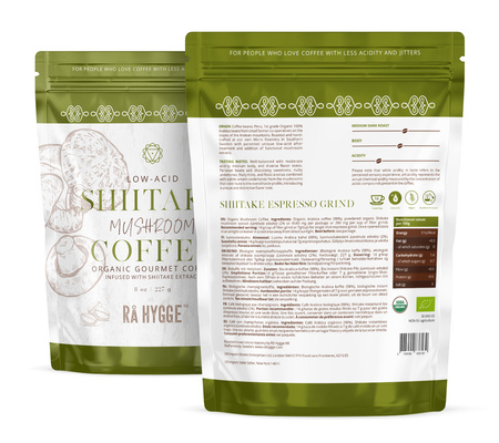 BIO Kawa z Shiitake Ra Hygge drobno mielona do espresso - ekologiczna, niskokwasowa z ekstraktem Shiitake (227g)